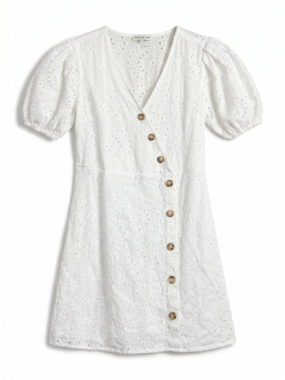 Anthropologie MOON RIVER White Eyelet Puff Short Sleeves Mini Dress, Sz M